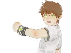 Rule 34 | 1boy, :d, ben 10, ben tennyson, brown hair, child, commentary, from side, green eyes, highres, looking at viewer, looking back, male focus, mixed-language commentary, omnitrix, open mouth, shirt, short hair, short sleeves, simple background, smile, solo, teeth, thekidroxas, upper body, white background, white shirt