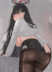 Rule 34 | 1girl, black hair, black skirt, blue archive, blush, breasts, breasts out, brown pantyhose, clothes lift, dema hmw, hair ornament, hairclip, halo, highres, large breasts, long hair, long sleeves, looking at viewer, looking back, miniskirt, panties, panties under pantyhose, pantyhose, pleated skirt, red eyes, ribbed sweater, rio (blue archive), sideboob, skirt, solo, sweater, thighband pantyhose, thighs, turtleneck, turtleneck sweater, underwear, white sweater