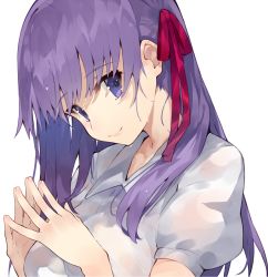 Rule 34 | blush, breasts, closed mouth, fate/stay night, fate (series), fingers together, hair ribbon, kou mashiro, lips, long hair, looking at viewer, matou sakura, medium breasts, official alternate costume, pink ribbon, puffy short sleeves, puffy sleeves, purple eyes, purple hair, ribbon, shirt, short sleeves, simple background, upper body, white background, white shirt