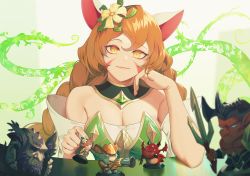 Rule 34 | 1girl, animal ears, arm support, bare arms, bare shoulders, braid, breasts, brown hair, cleavage, commentary request, copyright request, detached sleeves, dress, facial mark, figure, flower, green dress, hair flower, hair ornament, hand on own cheek, hand on own face, highres, holding, large breasts, long hair, looking at viewer, orange eyes, short sleeves, sleeveless, smile, solo, twin braids, upper body, wangxiii, white sleeves, yellow flower