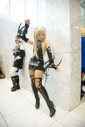Rule 34 | 1boy, 1girl, amane misa, amane misa (cosplay), apple, asian, blade, blonde hair, boots, breasts, choker, cosplay, cross, cross necklace, d.gray-man, death note, eyepatch, fingerless gloves, fishnet pantyhose, fishnets, food, fruit, gloves, indoors, jewelry, kipi-san, lavi, long hair, looking at viewer, miniskirt, necklace, pantyhose, photo (medium), skirt, small breasts, solo focus, thighhighs, torn clothes, two side up