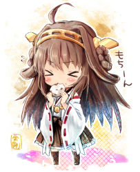 Rule 34 | &gt; &lt;, 10s, 1girl, blush, brown hair, chibi, chocolate chip cookie, cookie, eating, closed eyes, food, hair ornament, hishi (pattern), japanese clothes, kantai collection, kongou (kancolle), long hair, long sleeves, miko, nontraditional miko, ribbon trim, shirt, skirt, solo, tiara, wide sleeves, yuya (night lily)