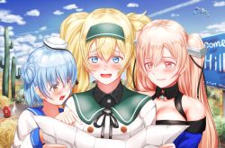 Rule 34 | 3girls, aircraft, airplane, bare shoulders, blonde hair, blue eyes, blue hair, breasts, bush, cactus, cleavage, cloud, collar, collarbone, commentary request, day, desert, dixie cup hat, double bun, enemy lifebuoy (kancolle), english text, fang, gambier bay (kancolle), hair bun, hat, johnston (kancolle), kantai collection, long hair, map, military hat, multiple girls, open mouth, plant, pointing, road, sabakuomoto, samuel b. roberts (kancolle), short hair, sign, sky, star (symbol), tumbleweed, twintails, vehicle request, yellow eyes