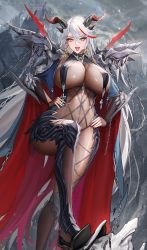 Rule 34 | 1girl, absurdly long hair, aegir (azur lane), areola slip, azur lane, black cape, bodystocking, breast curtains, breasts, broken, broken chain, cape, chain, covered erect nipples, cross, cross-laced clothes, cross earrings, demon girl, demon horns, earrings, from below, full body, high heels, highres, horns, huge breasts, jewelry, lipstick, long hair, looking at viewer, makeup, multicolored hair, nail polish, open mouth, red cape, red hair, red nails, see-through, solo, streaked hair, tsuki no i-min, very long hair, white hair, yellow eyes