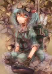 Rule 34 | 1girl, backpack, bad id, bad pixiv id, bag, black pantyhose, blue eyes, blue hair, boots, brown footwear, cattail, dress, fingerless gloves, frilled skirt, frills, gears, gloves, goggles, goggles on headwear, hair bobbles, hair ornament, hat, highres, kawashiro nitori, key, looking at viewer, machinery, matching hair/eyes, mechanic, mechanical, pantyhose, plant, pocket, puffy sleeves, short hair, short sleeves, short twintails, sitting, skirt, skirt set, skura01, sleeves rolled up, solo, steam, steampunk, thighhighs, touhou, twintails, two side up, wariza, wrench