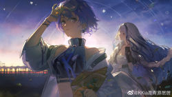 Rule 34 | 2girls, adjusting goggles, blue hair, bracelet, breasts, chinese commentary, cleavage, commentary request, dress, earrings, fingerless gloves, fresnel (neural cloud), girls&#039; frontline, girls&#039; frontline neural cloud, gloves, goggles, goggles on head, hair over shoulder, highres, holding, holding map, hubble (neural cloud), jacket, jewelry, kkia, long hair, map, multicolored hair, multiple girls, off shoulder, purple eyes, purple hair, short hair, sky, small breasts, smile, star (sky), streaked hair, sunset, upper body, very long hair, watch, weibo watermark, white dress, white hair, white jacket, wristwatch