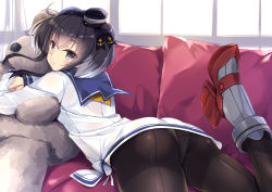 Rule 34 | 10s, 1girl, ass, black eyes, black hair, black pantyhose, blush, commentary request, couch, crotch seam, dress, highres, kantai collection, kobayashi chisato, lying, on stomach, panties, panties under pantyhose, pantyhose, sailor collar, sailor dress, short dress, short hair, solo, tokitsukaze (kancolle), underwear, white dress, white hair