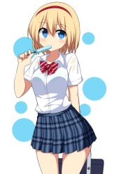 Rule 34 | 1girl, alice margatroid, alternate costume, arm behind back, bad id, bad pixiv id, bag, blonde hair, blouse, blue bra, blue eyes, blue skirt, blush, bow, bowtie, bra, breasts, circle, commentary request, contemporary, cowboy shot, enushi (toho193), food, food in mouth, hair between eyes, hairband, hand up, highres, holding, holding bag, holding food, looking at viewer, medium breasts, miniskirt, plaid, plaid skirt, pleated skirt, popsicle, red bow, red bowtie, red hairband, school bag, see-through, shirt, short sleeves, simple background, skirt, solo, standing, striped, striped bow, thighs, touhou, underwear, wet, wet clothes, wet shirt, white background, white shirt, wing collar