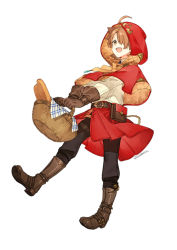 Rule 34 | 1boy, ahoge, basket, belt, belt buckle, boots, bread, brown eyes, brown footwear, brown gloves, brown hair, buckle, clam, cloak, food, gloves, hair over one eye, holding, holding basket, kaworu (kaw lov), little red riding hood, male focus, open mouth, original, padded cloak, pouch, red cloak, red skirt, signature, simple background, skirt, smile, solo, teeth, thigh strap, upper teeth only