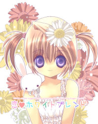 Rule 34 | 1girl, bad id, bad pixiv id, bare shoulders, blonde hair, blue eyes, brown hair, rabbit, daisy, flower, frills, gathers, hair flower, hair ornament, koge donbo, light particles, light smile, original, purple eyes, short twintails, smile, solo, twintails
