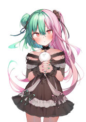 Rule 34 | 1girl, :3, asymmetrical hair, black choker, black dress, black ribbon, blush, choker, collarbone, commentary, cowboy shot, dress, earrings, fandead (uruha rushia), garter straps, ghost, green hair, green nails, hair between eyes, hair bun, hair ribbon, halo, highres, holding, hololive, interlocked fingers, jewelry, looking at viewer, multicolored hair, multicolored nails, nail polish, off-shoulder dress, off shoulder, one side up, own hands clasped, own hands together, pink hair, pink nails, red eyes, ribbon, shin no tenpii, short dress, short sleeves, side bun, simple background, single hair bun, single side bun, skull earrings, solo, standing, symbol-only commentary, two-tone hair, uruha rushia, uruha rushia (3rd costume), virtual youtuber, white background, wrist cuffs