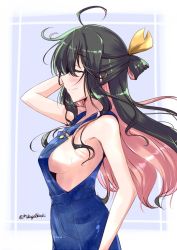 Rule 34 | 10s, 1girl, ahoge, apron, black hair, blue background, blush, bow, breasts, closed eyes, hair blowing, hair bow, hand in own hair, hand on own hip, kantai collection, large breasts, long hair, looking to the side, mikage takashi, multicolored hair, naganami (kancolle), naked overalls, overalls, pink hair, sideboob, simple background, smile, solo, twitter username, white background