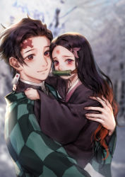 Rule 34 | 1boy, 1girl, absurdres, bamboo, belt, bit gag, black hair, blood, blood on face, blurry, blurry background, brother and sister, bruise, bruise on face, carrying, checkered clothes, child, child carry, clothes grab, commentary, demon slayer uniform, earrings, english commentary, forest, gag, gagged, hair ribbon, haori, highres, hurt, injury, japanese clothes, jewelry, kamado nezuko, kamado tanjirou, kimetsu no yaiba, kimono, long hair, long sleeves, looking afar, mouth hold, multicolored hair, nature, orange hair, pink kimono, pink ribbon, red eyes, ribbon, ryeowon kwon, scar, scar on face, scar on forehead, short hair, siblings, streaked hair, tearing up, two-tone hair, upper body, wide sleeves