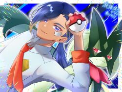 Rule 34 | 1boy, aliquis (pokemon), arm up, bandaid, bandaid on face, blue eyes, blue hair, closed mouth, collared shirt, commentary request, creatures (company), game freak, highres, holding, holding poke ball, kamicho musharu, long hair, looking at viewer, male focus, meowscarada, necktie, nintendo, orange necktie, poke ball, poke ball (basic), pokemon, pokemon: paldean winds, pokemon (creature), ponytail, shirt, smile