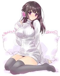 Rule 34 | 1girl, aran sweater, artist name, bad id, bad twitter id, black thighhighs, blush, breasts, brown hair, cable knit, carnelian, character name, flower, hair flower, hair ornament, jpeg artifacts, large breasts, long hair, long sleeves, looking at viewer, no pants, no shoes, original, pillow, purple eyes, ribbed sweater, rurika (carnelian), signature, simple background, sitting, smile, solo, sweater, thighhighs, turtleneck, turtleneck sweater, wariza, zettai ryouiki