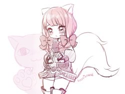 Rule 34 | 10s, 1girl, animal ears, bad id, bad pixiv id, belt, blade &amp; soul, blush, boots, bow, cat, dress, fox ears, long hair, long tail, lyn (blade &amp; soul), monochrome, moorina, ribbon, sketch, solo, tail, thigh boots, thighhighs, twintails