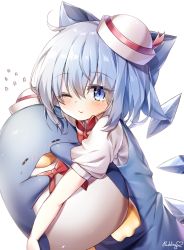 Rule 34 | 1girl, :&gt;, absurdres, alternate headwear, animal, animal hug, artist name, bird, blue dress, blue eyes, blue hair, blush, cirno, commentary, dress, flying sweatdrops, hair between eyes, hair ribbon, highres, looking at viewer, one eye closed, penguin, pinafore dress, pudding (skymint 028), puffy short sleeves, puffy sleeves, ribbon, sanrio, shirt, short hair, short sleeves, simple background, sleeveless dress, smile, solo, touhou, tuxedo sam, white background, white headwear, white shirt, wings