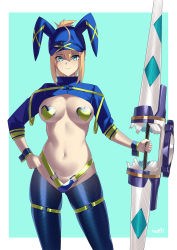 Rule 34 | 1girl, absurdres, ahoge, animal ears, artoria pendragon (fate), baseball cap, blonde hair, blue eyes, blue hat, blue jacket, blush, breasts, covered erect nipples, cropped jacket, fake animal ears, fate/grand order, fate (series), hair between eyes, hair through headwear, hat, heart pasties, highres, jacket, kurozawa yui, lance, large breasts, long hair, long sleeves, looking at viewer, maebari, meme attire, mysterious heroine x (fate), mysterious heroine xx (fate), navel, pasties, polearm, ponytail, rabbit ears, revealing clothes, reverse bunnysuit, reverse outfit, shrug (clothing), sidelocks, smile, solo, thighs, twinmyniad (fate), weapon, wrist cuffs