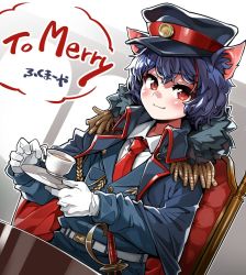 Rule 34 | 1boy, animal ears, belt, blue hair, blush, buttons, chair, closed mouth, commission, cup, dutch angle, english text, fukumaaya, gloves, grey background, hat, indie virtual youtuber, jacket, looking at viewer, medium hair, merry (vtuber), multicolored hair, necktie, red hair, saucer, shirt, sitting, skeb commission, solo, streaked hair, teacup, translation request, upper body, virtual youtuber, white background, white gloves, white shirt, wing collar