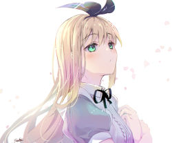 Rule 34 | 1girl, black ribbon, blonde hair, blue dress, blush, closed mouth, collared dress, dress, green eyes, hair between eyes, hair ribbon, hands up, long hair, looking away, mononobe alice, neck ribbon, nijisanji, petals, puffy short sleeves, puffy sleeves, ribbon, short sleeves, signature, simple background, solo, suihi, upper body, virtual youtuber, white background