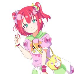 Rule 34 | 1girl, aqua eyes, artist name, artist request, bag, blush, bow, breasts, female focus, green eyes, green skirt, hair between eyes, hair bobbles, hair ornament, handbag, highres, kurosawa ruby, looking at viewer, love live!, love live! school idol festival, love live! sunshine!!, miniskirt, parted lips, pink shirt, pink wristband, plaid, plaid skirt, playing with own hair, pleated, pleated skirt, puffy short sleeves, puffy sleeves, purple bow, red hair, shirt, short hair, short sleeves, shoulder bag, skirt, smile, solo, white background, wristband, yellow bow