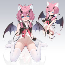 Rule 34 | 1girl, absurdres, ahoge, animal ear fluff, animal ears, arm support, bat wings, black gloves, black serafuku, blue eyes, blush, cat ears, cleft of venus, clothes lift, crop top, demon horns, demon tail, demon wings, fingerless gloves, gloves, gradient background, hair ornament, hairpin, highres, horns, indie virtual youtuber, kneeling, lace, lace-trimmed skirt, lace trim, large ears, lifted by self, medium hair, midriff, multiple hairpins, multiple views, neckerchief, no panties, on floor, panties, pantyhose, paw print, pink hair, pussy, red neckerchief, reflection, reflective floor, sailor collar, sakurada hane, school uniform, see-through, see-through skirt, serafuku, shirt, simple background, skirt, skirt lift, sleeveless, sleeveless shirt, solo, tail, thighs, twintails, underwear, virtual youtuber, white panties, white pantyhose, white skirt, wings, xintianou