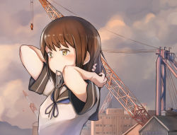 Rule 34 | 1girl, alternate hairstyle, breasts, brown eyes, brown hair, building, commentary request, crane (machine), fubuki (kancolle), hair down, highres, kabayaki namazu, kantai collection, landscape, long hair, medium breasts, mouth hold, ponytail, rubber band, scenery, school uniform, serafuku, sidelocks, solo, upper body