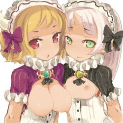 Rule 34 | 2girls, asymmetrical docking, blonde hair, bow, breast press, breasts, face, flat chest, green eyes, horns, large breasts, mota, multiple girls, nipples, original, pointy ears, red eyes, sketch, white hair