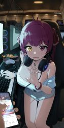 Rule 34 | 1girl, absurdres, ahoge, bad id, bad twitter id, bare shoulders, bracelet, breasts, fang, headphones, headphones around neck, heterochromia, highres, hololive, houshou marine, indoors, jewelry, keyboard (computer), large breasts, looking at viewer, mouse (computer), off shoulder, parted lips, phone, red eyes, red hair, sitting, solo, sweatdrop, tonki, two side up, virtual youtuber, yellow eyes