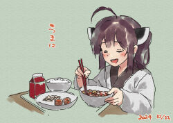 Rule 34 | 1girl, :d, ahoge, blush, bowl, brown hair, chopsticks, closed eyes, dated, facing viewer, food, food request, green background, headgear, holding, holding chopsticks, japanese clothes, kimono, lamb (hitsujiniku), long sleeves, open mouth, rice, rice bowl, simple background, smile, solo, table, touhoku kiritan, translation request, twintails, voiceroid, white kimono, wide sleeves