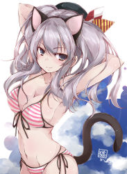 Rule 34 | 10s, 1girl, animal ears, arms behind head, arms up, beret, bikini, black eyes, breasts, cat ears, cat tail, character name, cleavage, collarbone, fake animal ears, front-tie bikini top, front-tie top, groin, halterneck, hat, kantai collection, kashima (kancolle), long hair, looking at viewer, medium breasts, navel, side-tie bikini bottom, sidelocks, smile, solo, string bikini, striped bikini, striped clothes, swimsuit, tail, twintails, upper body, yumesato makura