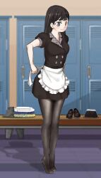 Rule 34 | adjusting apron, apron, avataro sentai donbrothers, black dress, black hair, breasts, cafe, cafe maid (love live!), changing clothes, changing room, costume change, dress, elegant, folded clothes, getting dressed, grey eyes, kissa donbura, kito haruka, locker, locker room, long hair, maid, maid apron, medium breasts, pantyhose, shoes, unworn shoes, solo, super sentai, thighs, trying on clothes, tying apron, uniform dress, waitress, waitress uniform