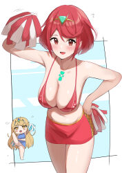 Rule 34 | absurdres, bikini, bikini top only, blonde hair, blue skirt, breasts, chibi, chibi inset, cleavage, flying sweatdrops, highres, large breasts, leg up, long hair, looking at viewer, mythra (xenoblade), oruru63100814, pom pom (cheerleading), pyra (xenoblade), red bikini, red eyes, red hair, red skirt, short hair, skirt, smile, swimsuit, xenoblade chronicles (series), xenoblade chronicles 2