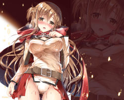 Rule 34 | 10s, 1girl, asuna (sao), bad id, bad pixiv id, belt, blush, breasts, brown eyes, brown hair, cape, covered erect nipples, female focus, hand on own chest, heavy breathing, large breasts, long hair, long sleeves, looking at viewer, no bra, open mouth, panties, see-through, shirt, showgirl skirt, solo, sousouman, sword art online, two side up, underwear, very long hair, wet, wet clothes, wet panties, wet shirt, zoom layer