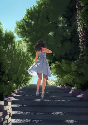 Rule 34 | 1girl, ai-wa, bare arms, bare legs, bare shoulders, black hair, bush, commentary, dappled sunlight, day, dress, english commentary, facing away, from behind, hand in own hair, hand up, high heels, highres, long hair, original, outdoors, plant, scenery, shoe soles, short dress, sky, sleeveless, sleeveless dress, solo, stairs, summer, sundress, sunlight, tree, wading, white dress, white footwear