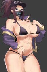 Rule 34 | 1girl, abs, akali, alternate breast size, amogan, baseball cap, bikini, black bikini, breasts, cleavage, commission, cropped jacket, female pubic hair, gold trim, hand on own chest, hand on own stomach, hat, highres, huge breasts, jacket, k/da (league of legends), k/da akali, league of legends, mask, mouth mask, muscular, muscular female, navel, off shoulder, pixiv commission, ponytail, print mask, pubic hair, purple eyes, purple hair, purple jacket, skindentation, solo, stomach, swimsuit, thick thighs, thighs