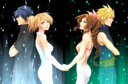 Rule 34 | 2boys, 2girls, aerith gainsborough, back-to-back, black background, black shirt, blonde hair, blue eyes, blue hair, blue pants, blue shirt, braid, braided ponytail, breasts, brown hair, cloud strife, couple, crossed arms, dress, final fantasy, final fantasy vii, final fantasy xv, green eyes, hair between eyes, hair ribbon, highres, holding hands, long dress, long hair, looking at viewer, looking to the side, lunafreya nox fleuret, mattario, medium breasts, multiple boys, multiple girls, noctis lucis caelum, pants, parted lips, pink dress, ponytail, profile, ribbon, shirt, short hair, short sleeves, sidelocks, sleeveless, sleeveless dress, sleeveless turtleneck, smile, spiked hair, square enix, turtleneck, upper body, wavy hair, white dress