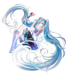 Rule 34 | 1girl, absurdly long hair, absurdres, aqua eyes, aqua hair, baocaizi, boots, detached sleeves, full body, hatsune miku, highres, long hair, magical mirai (vocaloid), magical mirai miku, magical mirai miku (2017), microphone, musical note, open mouth, skirt, solo, thigh boots, thighhighs, twintails, very long hair, vocaloid, white background