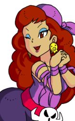 Rule 34 | 1girl, bent over, captain syrup, earrings, female focus, jewelry, lowres, mario (series), messy hair, nintendo, one eye closed, pirate, red eyes, red hair, skull, solo, super mario bros. 1, wario land, white background, wink