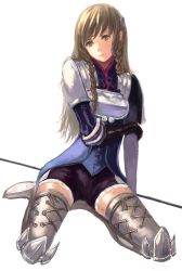 Rule 34 | 1girl, arm grab, armor, artdink, bad id, bad pixiv id, boots, braid, brown eyes, brown hair, full body, ke (fashion999), looking away, ravness loxaerion, sitting, tactics ogre, thigh boots, thighhighs, twin braids, white background, white thighhighs