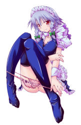 Rule 34 | 1girl, blue thighhighs, bow, braid, censored, convenient censoring, embodiment of scarlet devil, female focus, hair bow, izayoi sakuya, kaname-y, light smile, maid, maid headdress, panties, panty pull, partially visible vulva, pink panties, red eyes, short hair, silver hair, simple background, solo, thighhighs, touhou, twin braids, underwear, white background, yamanashi kaname