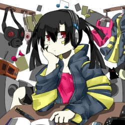 Rule 34 | 1girl, black hair, gas mask, headphone actor (vocaloid), mask, red eyes, solo, tagme, vocaloid