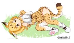 Rule 34 | 10s, 1girl, animal ears, bare shoulders, blonde hair, breasts, cat ears, cat tail, copyright name, elbow gloves, gloves, kemono friends, looking at viewer, lying, medium breasts, mudou eichi, on back, paw pose, paw shoes, serval (kemono friends), serval tail, shoes, smile, solo, striped tail, tail, thighhighs, twitter username, yellow eyes
