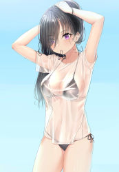 Rule 34 | 1girl, absurdres, bad id, bad pixiv id, bare arms, bikini, black bikini, blue background, blush, breasts, cleavage, collarbone, commentary request, highres, in mouth, large breasts, long hair, looking at viewer, navel, original, purple eyes, see-through, shirt, simple background, solo, swimsuit, white shirt, xubai