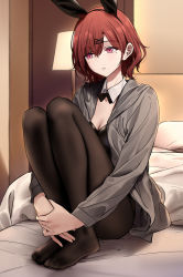 Rule 34 | 1girl, animal ears, bed, black bow, black bowtie, black leotard, black pantyhose, bow, bowtie, breasts, brown eyes, brown hair, cleavage, collar, detached collar, fake animal ears, feet, full body, grey shirt, hair between eyes, hair ornament, hairclip, highres, higuchi madoka, holding own wrist, hugging own legs, idolmaster, idolmaster shiny colors, indoors, knees to chest, lamp, legs, legs together, leotard, long sleeves, looking at viewer, medium breasts, mole, mole under eye, nakamura rohane, no shoes, on bed, open clothes, open shirt, pantyhose, parted lips, pillow, playboy bunny, rabbit ears, shirt, short hair, sidelocks, sitting, solo, swept bangs, white collar