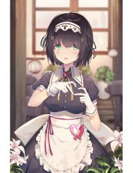 Rule 34 | 1girl, bench, black hair, blush, breasts, closed mouth, gloves, green eyes, hair ornament, heart, heart hands, highres, indoors, looking at viewer, maid, medium breasts, mole, mole under eye, original, short hair, smile, solo, soya (torga), standing, tongue, tongue out, trash can, white gloves, x hair ornament