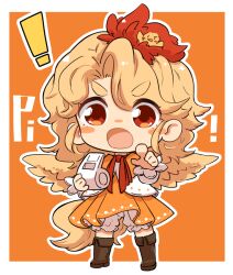 Rule 34 | !, 1girl, animal, animal on head, bird, bird on head, blonde hair, bloomers, blush, boots, border, brown footwear, chick, dress, full body, holding, holding whistle, knee boots, long sleeves, multicolored hair, niwatari kutaka, on head, open mouth, orange dress, pointing, pointing at viewer, red eyes, red hair, shirt, short hair, solo, touhou, two-tone hair, uisu (noguchipint), underwear, whistle, white bloomers, white border, white shirt