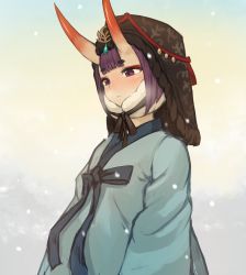 Rule 34 | 1girl, blunt bangs, blush, closed mouth, clothing request, commentary request, fate/grand order, fate (series), hanbok, hat, highres, horns, korean clothes, korean commentary, looking down, oni, purple eyes, purple hair, short hair, shuten douji (fate), skin-covered horns, snow, solo, sookmo, standing