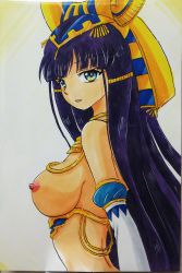 Rule 34 | 1girl, absurdres, animal ears, ashigaki radar, blue eyes, blue hair, breasts, dog ears, egyptian, egyptian clothes, egyptian necklace, gloves, headdress, highres, jewelry, large breasts, long hair, looking at viewer, moeoh ex, necklace, nipples, nude, open mouth, ramesses ii, smile, standing, two-tone background, upper body, white background, white gloves, yellow background