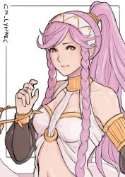 Rule 34 | 1girl, armlet, braid, breasts, cleavage, cm lynarc, fire emblem, fire emblem awakening, highres, long hair, looking at viewer, nintendo, olivia (fire emblem), pink eyes, pink hair, ponytail, side braid, simple background, solo, twin braids, white background